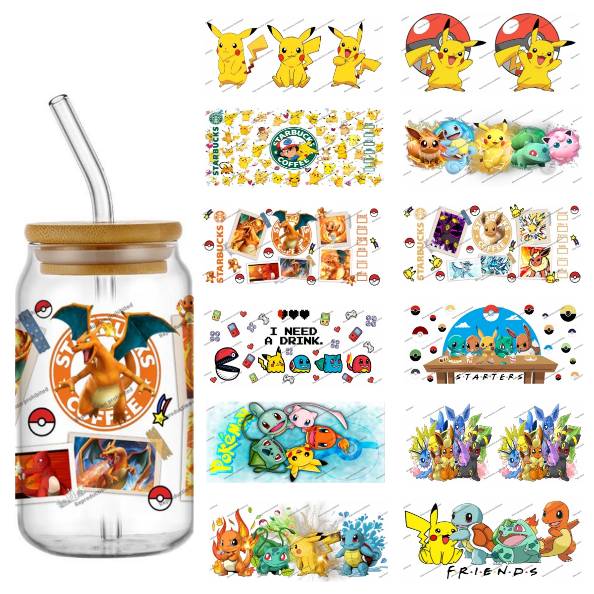 Rdta Tank Glass - Pokemon pattern UV DTF cup wrap